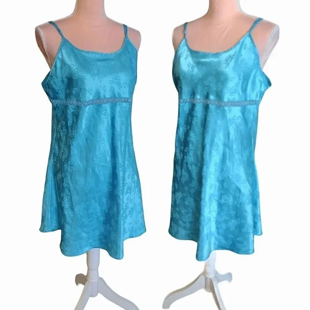 VTG 80s Teal Satin Floral Embroidered Detail Mini Slip Dress Chemise‎ XL Festie - Picture 14 of 14